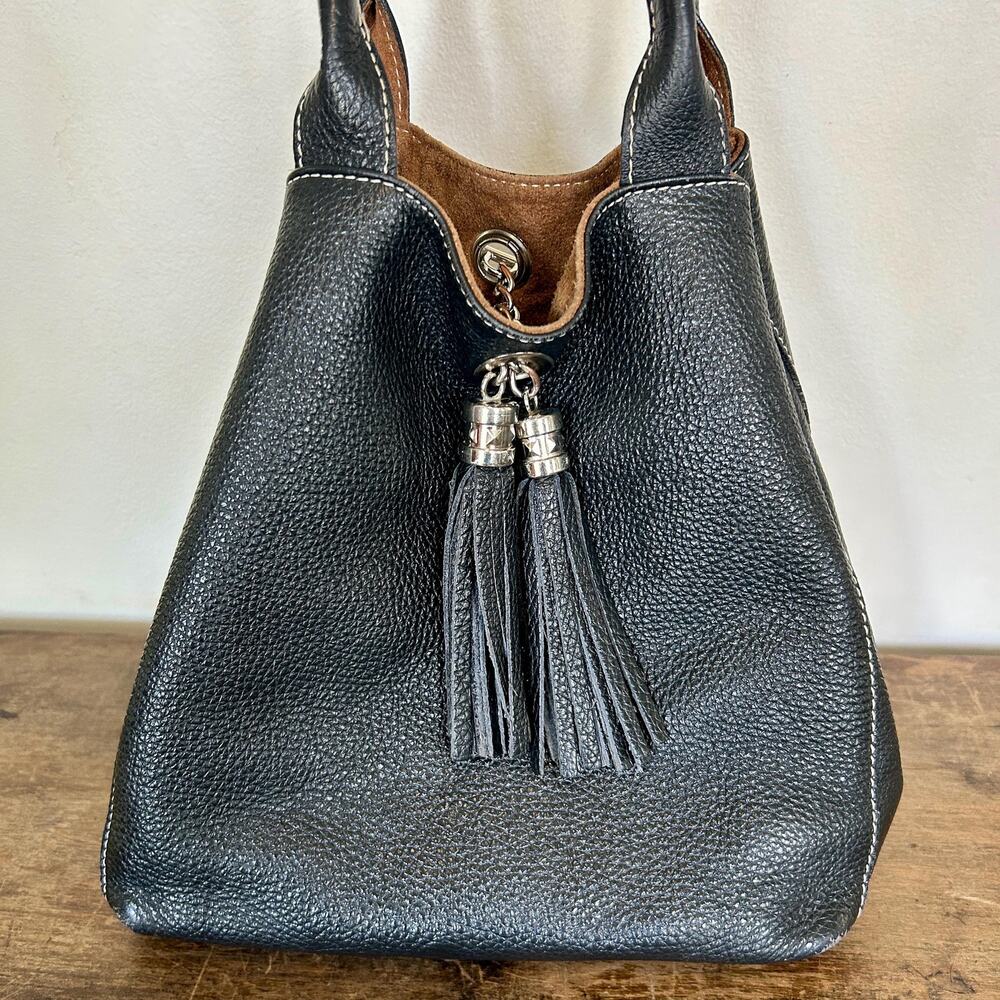 90s Black Leather Bucket Bag with Tassels, Vintage | Pebble Shoulder Purse